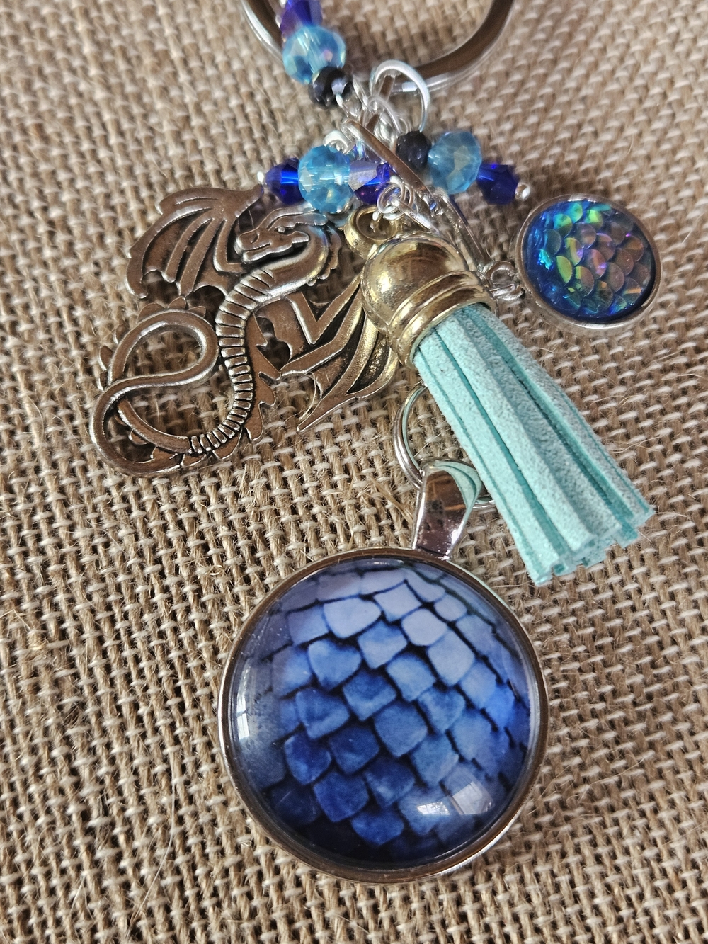 Blue Dragon Scale Keychain with Aqua Tassel - Picture 4 of 6